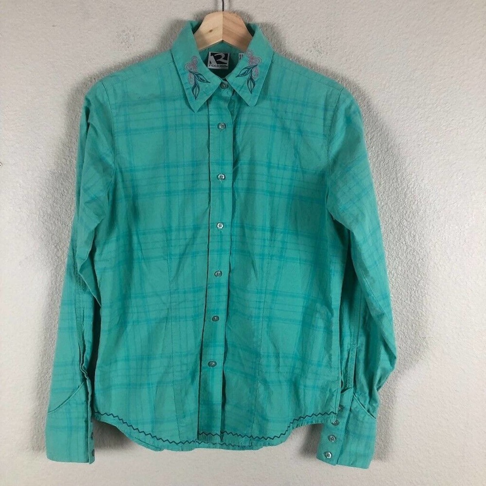 ROCKIES Shirt Green Plaid Floral Embroidered Long Sleeve Button Up Size Medium